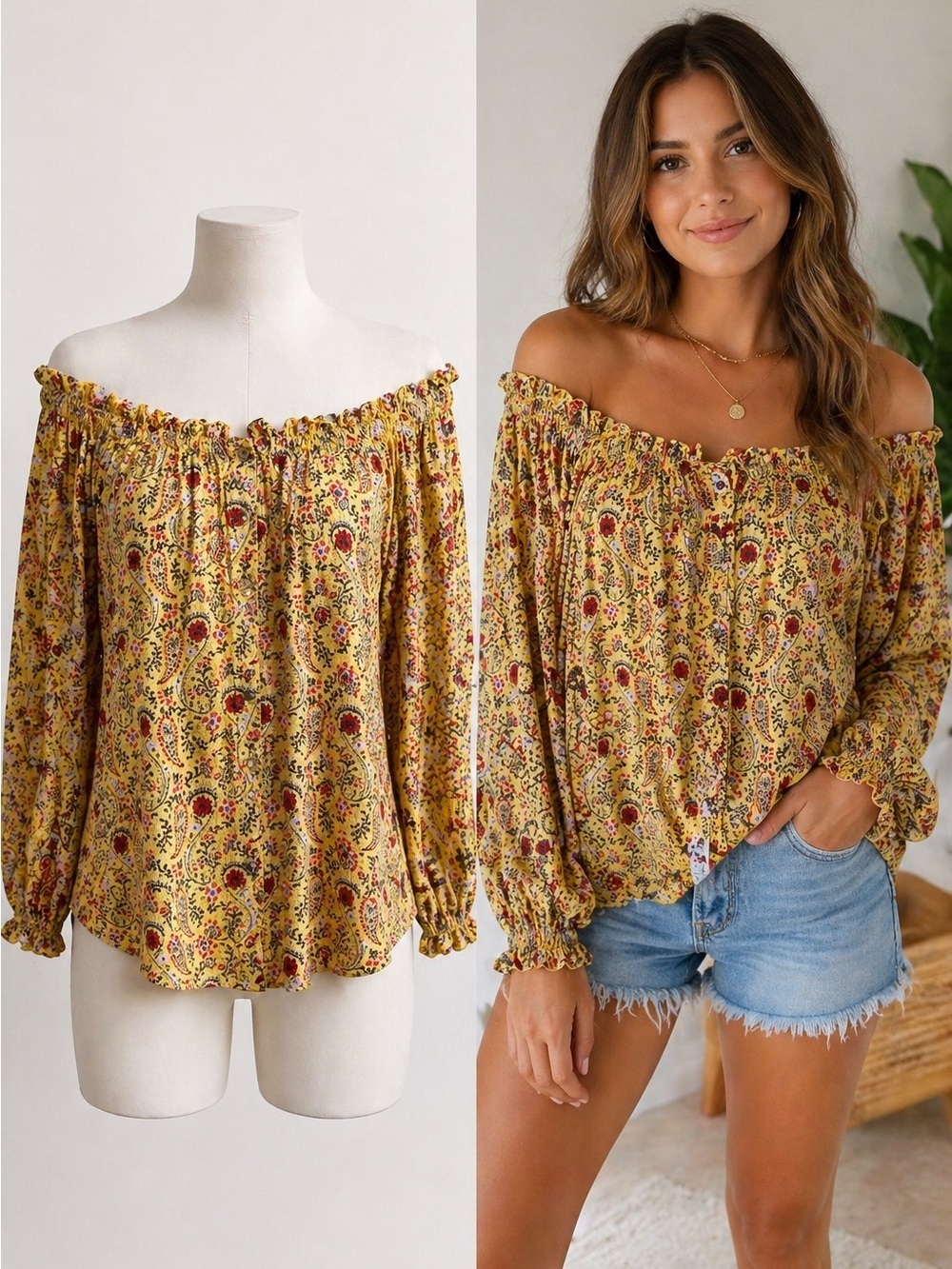 MELLODAY | Yellow Paisley Off Shoulder Blouse | Boho | Stretch | XL